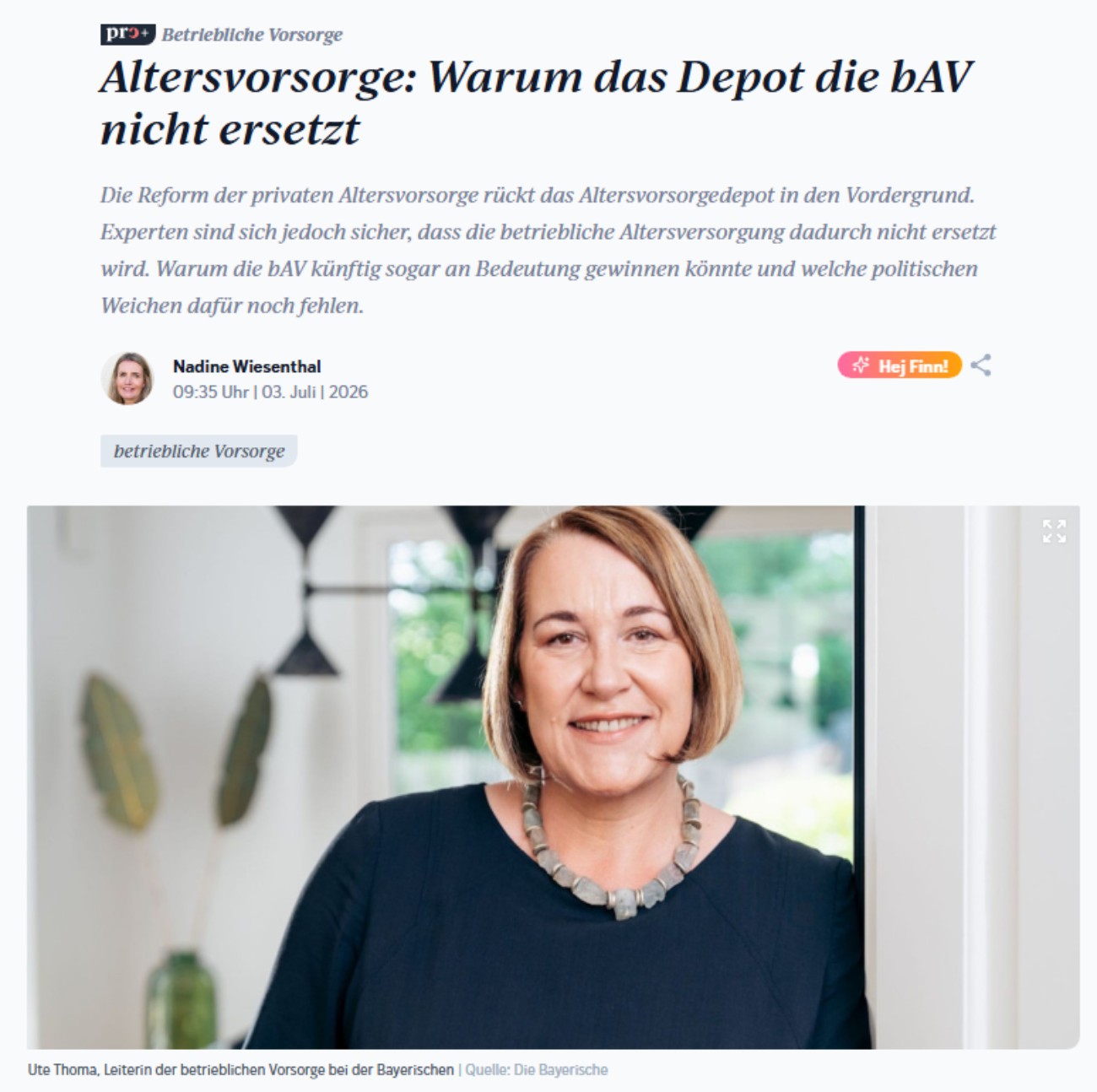 Porträt von Ute Thoma, Leiterin der betrieblichen Vorsorge bei der Bayerischen, zum Fachbeitrag über die Bedeutung der bAV trotz Altersvorsorgedepot.