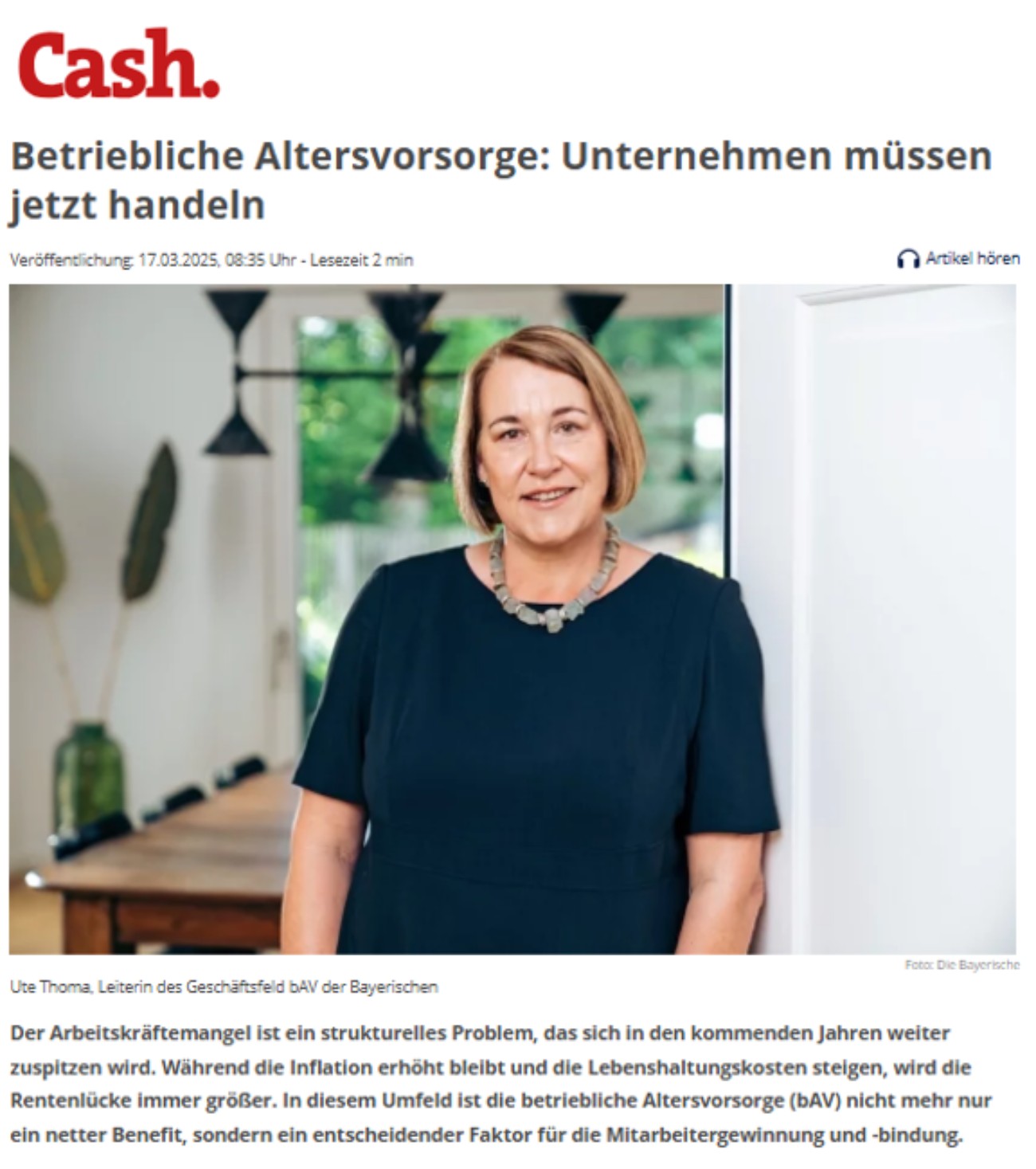 Artikel Ute Thoma Magazin Cash Fachartikel von Ute Thoma mit dem Titel "Betriebliche Altersvorsorge: Unternehmen müssen jetzt handeln"
