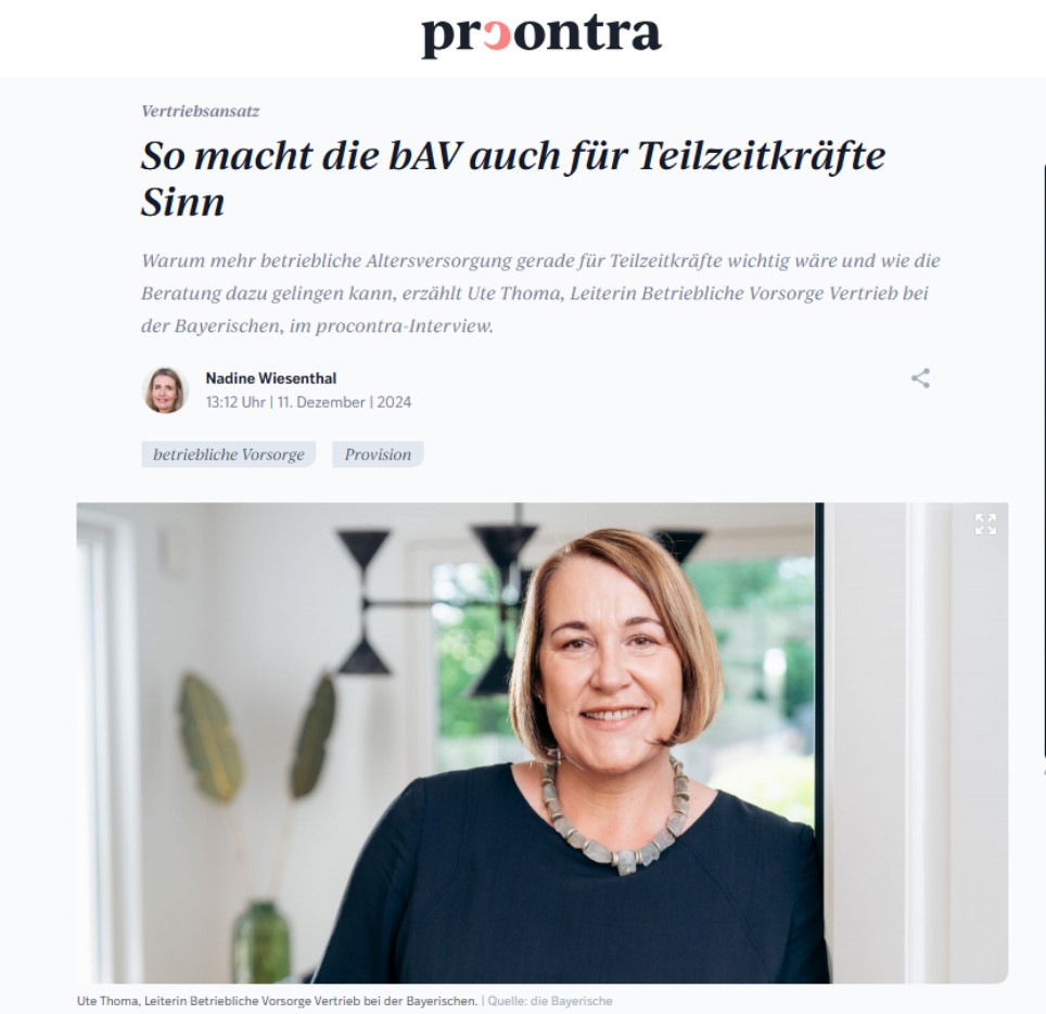 Screenshot des Magazins Procontra mit dem Beitrag "So macht die bAV auch für Teilzeitkräfte Sinn"