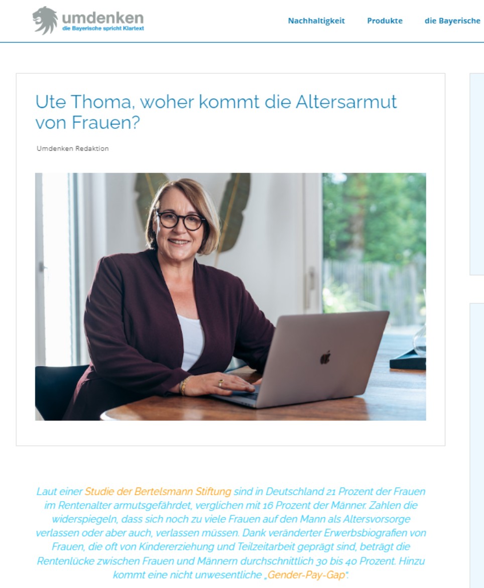 Screenshot des Magazins umdenken.co mit dem Beitrag "Ute Thoma, woher kommt die Altersarmut von Frauen?"