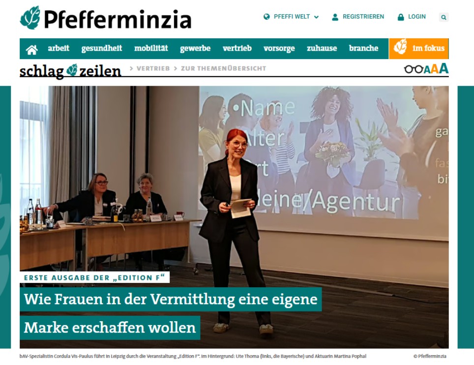 Screenshot des Magazins Pfefferminzia mit dem Beitrag "Wie Frauen in der Vermittlung eine eigene Marke erschaffen wollen"